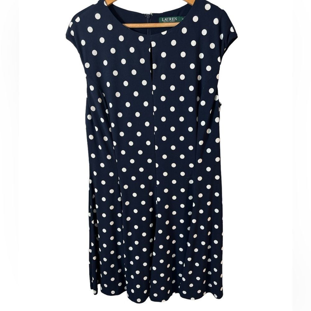 Lauren by Ralph Lauren Cap Sleeve Polka Dot Dress size 16 navy career coastal